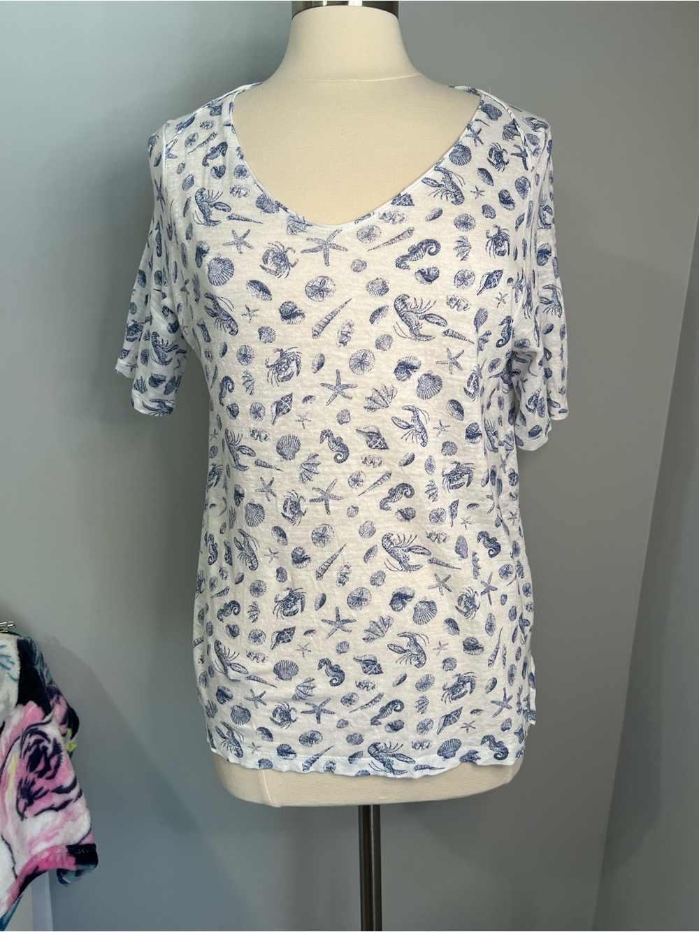 J. Jill Size MP Blue White 100% Linen Scoop Neck Short Sleeve Top Tee T-Shirt